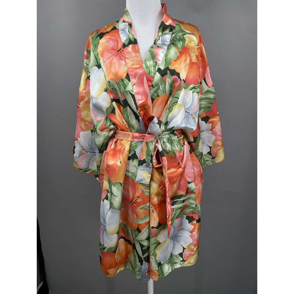 Vintage Val Mode Lingerie Floral Satin‎ Robe Womens M Tropical Hibiscus Kimono